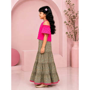 Girls' <b>Sequin</b> Embellished Short Sleeve Knee-Length Sharara Set Pink Grey Printed Summer Woven Polyester Ethnic Party Wear - Product Image 4