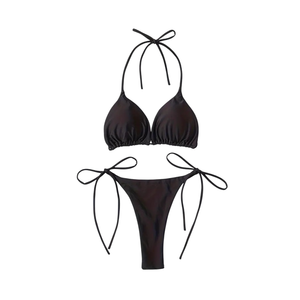 Conjunto de bikini a rayas para mujer, traje de baño de dos piezas, top halter ajustable y parte inferior de cintura alta para ropa de baño de vacaciones - Product Image 1