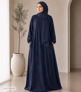 Conjunto de Abaya Azul Marino de Lujo con Bordado y Frente Abierto, con Vestido Interior |   Vestidos Elegantes para la Noche y para el Eid, Ropa Modesta - Product Image 2