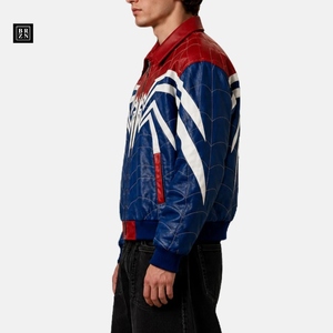 Veste en cuir de vache véritable de qualité supérieure, style araignée, bicolore, streetwear personnalisé, vêtements de moto tendance pour hommes, imperméable - Product Image 3