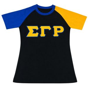 เสื้อเชิ้ตพรีเมียมแขนสั้นคอกลมสีดำ น้ำเงิน ทอง ลายกรีก ตัวอักษรกรีก แขนเสื้อตัดกัน ลายกราฟิก สำหรับกลุ่มเพื่อนร่วมชั้น - Product Image 1
