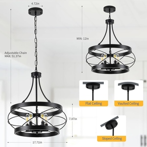 Wholesale Industrial Orb Chandelier Bulk Matte Black Hoop Pendant Light Factory Price <b>Retro</b> Candle Hanging Lamp - Product Image 5