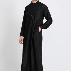 <b>Men's</b> Black Cotton <b>Thobe</b> Short Sleeve Floor Length Shirt Collar Modest Islamic Prayer Wear All Seasons Solid Color Loose - Product Image 3