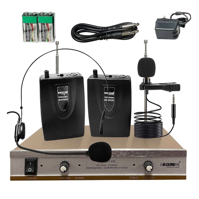5Core Wireless Microphone System 1 Headset 1 Collar Mic + Receiver 165ft Range VHF Dual Channel 8 Hours Battery Life