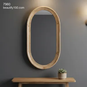 Miroir mural décoratif ovale en bois, minimaliste, écologique, léger, avec cadre arqué, pour chambre à coucher, salon - Product Image 6