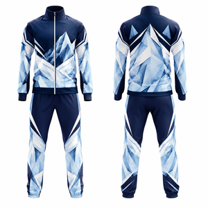 Conjunto Deportivo para Hombre con Estampado Geométrico Azul, Chaqueta con Cierre Completo, Pantalones para Correr, Secado Rápido, Poliéster, Ropa de Invierno con Bolsillos Laterales - Product Image 1
