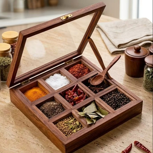 Juego de Cuatro Recipientes de Madera para Cocina con Tapas de Vidrio, Caja Redonda de Madera para Sal y Especias, Herramientas para Hierbas y Especias - Product Image 1