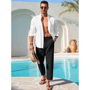 2025 hommes coton lin pantacourt taille élastique cordon fermeture éclair léger été plage Yoga pantalon-taille XL - Product Image 3