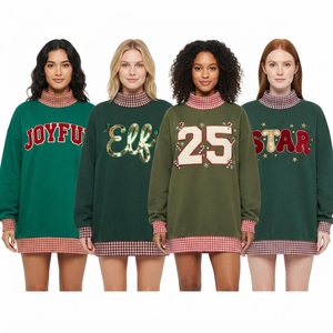 Sudadera de Invierno para Mujer, Oversize, Casual, de Punto, con Cuello Alto Simulado, Estampado a Cuadros, Bordado, Verde y Rosa - Product Image 3