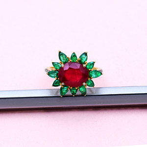 925 Sterling <b>Silver</b> Ruby <b>Emerald</b> Diamond Floral <b>Ring</b> for Women Gold Plated Oval Gemstone Statement Fine Jewelry - Product Image 5