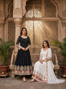 Luxury Blooming Georgette Multi Sequin Dori Work Anarkali Gown Micro Silk <b>Trousers</b> Dupatta Readymade Dress Set UW 815 - Product Image 3