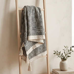 Grey Checked Cotton Throw <b>Blanket</b> with Linear <b>Woven</b> Pattern for Modern Farmhouse Sofa Chair and Bedroom Collections - Product Image 1