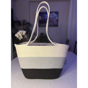 Bolso Tote de Cuerda de Algodón Trenzada, Ecológico, Gran Capacidad, Suave, Dos Tonos, Azul Claro y Beige, Bolso de Hombro para Playa, Verano, Mujer - Product Image 4
