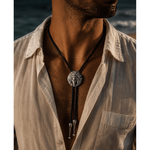 Retro Ecliptic Skull Alloy Pendant Bolo Tie-Adjustable Genuine Leather Cowboy Necktie Necklace for Men & Boys - Product Image 1