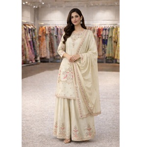 Elegant Designer Heavy Chinon Silk <b>Kurta</b> Palazzo & Dupatta Set Latest Ethnic Outfit for <b>Women</b> Wedding Festive Wear Suit Set - Product Image 1