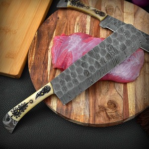 Custom Handmade Durable Five-Piece Chef <b>Set</b> Ambidextrous Straight Edge <b>Sharp</b> Blades Damascus Steel Bone Handle Leather - Product Image 3