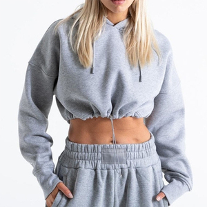 Hoodie court personnalisé à épaules tombantes pour femme, à manches longues, pour l'hiver, avec cordon de serrage, vente en gros - Product Image 1