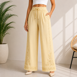 Pantalon large jaune pour femme, taille mi-haute, brodé, longueur intégrale, décontracté, en toile, taille élastique, coupe droite, pour l'automne - Product Image 2