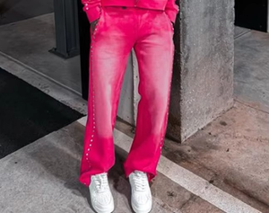 Pantalones de Hombre con Degradado Rosa, Cintura Elástica, Decoración con Remaches, Estilo Casual de Primavera, Tejido de Poliéster Transpirable - Product Image 3