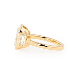 3ct Emerald Cut Lab Grown Diamond Three <b>Stone</b> Ring 14K Yellow Gold IGI Certified Bezel Set Engagement Ring with Baguette diamond - Product Image 5
