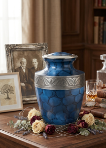 Black Metal Cremation <b>Urn</b> Round Tabletop Keepsake Memorial Vase Floral Engraved Design Traditional Home Decoration - Product Image 6
