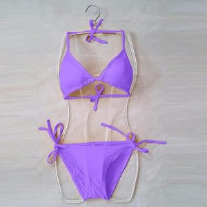 Hot Women's Purple Swimwear Bikini Set Solid Color Tie Side Swimwear Stretch Knitted Two Piece Bathing Suit - Product Image 5