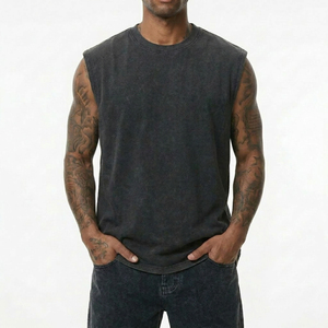 Premium Breathable Knitted Acid Wash Oversized Tank <b>Top</b> with Embroidery | Vintage Charcoal Black Casual Streetwear Gym Tee - Product Image 4