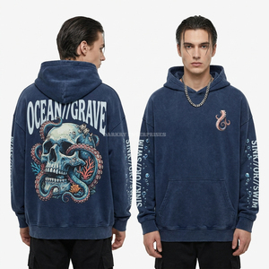 Sudadera con capucha para hombre, color verde azulado, 500GSM, con gráfico de cráneo de dinosaurio Jurásico, diseño de doble capa en las mangas, lavado ácido, estilo streetwear, proveedor - Product Image 6