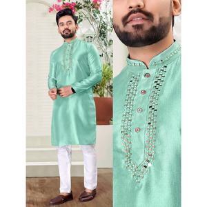 KURTA DE SEDA DE MODA CON ESPEJO DECORATIVO Y PAJAMA EN VERDE MAR - Product Image 1