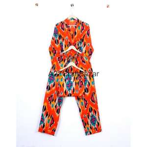 Ensemble de pyjama pour femmes en coton 100% floral bohème de luxe, 2 pièces, vêtements de nuit toutes saisons avec taille élastique - Product Image 1