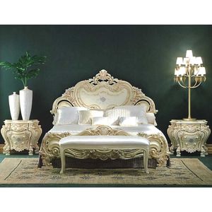 Royal Solid Teak Wood Bedroom Furniture Set Luxury Cream White Gold Carved King <b>Size</b> <b>Bed</b> 2 Nightstands Villa Master Suite - Product Image 1