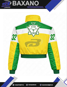 เสื้อแจ็คเก็ตครอปปักลายสำหรับสตรีชมรม Chi Eta Phi  เสื้อผ้าสไตล์กรีก วินเทจ สีเขียวและเหลือง แจ็คเก็ตบอมเบอร์แบบวาร์ซิตี้  โลโก้สั่งทำได้ - Product Image 5