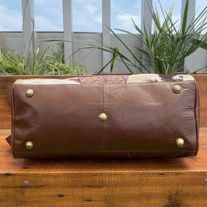 New Designer Sports and Fitness Genuine Tooled Leather Large Capacity Checkered Design Hair On Cowhide Fringe Travel Duffle <b>Bag</b> - Product Image 5