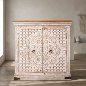 Mueble de Almacenamiento Vintage de Madera Maciza Tallada a Mano con Puertas Dobles Florales, Acabado Blanco Envejecido, Muebles Rústicos Indios - Product Image 6
