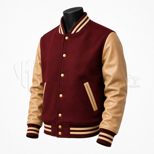 Chaqueta Universitaria Personalizada Color Granate, Cuerpo de Lana, Mangas de Cuero Beige, Chaqueta Letterman, Fabricante de Marca Privada OEM - Product Image 3