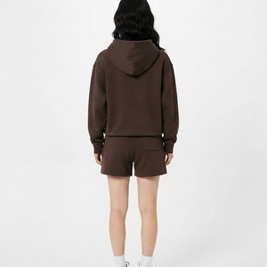Ensemble deux pièces athleisure décontracté pour femme, coupe ample, avec logo personnalisé OEM, léger, en dentelle, au-dessus du genou, couleur unie, comprenant un sweat à capuche et un short - Product Image 2