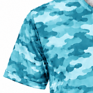 T-shirt Aqua Camo pour hommes, manches courtes, col rond, imprimé camouflage, entraînement athlétique, fitness, course à pied, vêtements de sport performants - Product Image 5