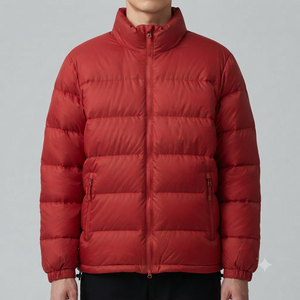 <b>Men's</b> Red Stand Collar Puffer <b>Jacket</b> Windproof Zipper Closure Casual Winter Coat Regular Fit Polyester Fiber Filling - Product Image 2