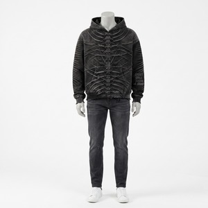 Sweat à capuche en molleton surdimensionné, personnalisé, délavé à l'acide, avec motif squelette brodé et gaufré, ourlet brut, style streetwear - Product Image 3
