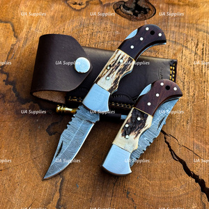 UA Supplies Industrial Grade Damascus Steel Folding Hunting Knife Clip Point Straight Blade Stag Horn Handle Wholesale Prices - Product Image 2