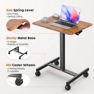 Adjustable Height Mobile Laptop <b>Desk</b> with Lockable Wheels <b>Rustic</b> Brown MDF for Home Office - Product Image 3