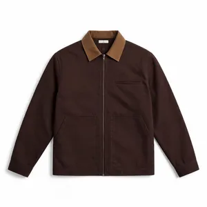 Veste d'hiver pour homme en toile écologique marron foncé, fermeture éclair intégrale, col contrastant, vêtement d'extérieur décontracté, vêtement de travail léger - Product Image 1