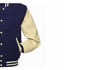 Veste universitaire bleu marine pour homme avec manches en cuir crème et bordure côtelée, style preppy, fermeture boutonnée simple à col classique - Product Image 6