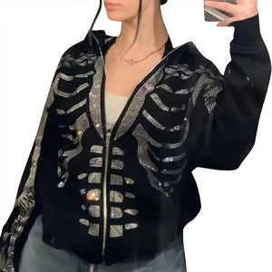 Women <b>Skeleton</b> Hoodie Shiny Diamond Rhinestone Zipper Hoodie 100% Cotton 350 GSM Hoodie - Product Image 3