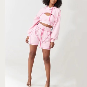Women Y2K Pink Streetwear Tracksuit Set Hooded <b>Crop</b> Top Shorts Geometric Print Wide Leg Loose Fit Winter Outfit Full Sleeve - Product Image 1