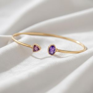 Amethyst Open <b>Bangle</b> <b>Bracelet</b> 925 Sterling Silver 14K Gold Plated Dainty February Birthstone Adjustable Jewelry - Product Image 6