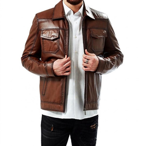 Nueva Chaqueta de Cuero Genuino Super Men, Color Marrón, Cierre de Cremallera Frontal, Cuello Alto, Bolsillos, Corte Regular, Transpirable, Secado Rápido, para Invierno - Product Image 1
