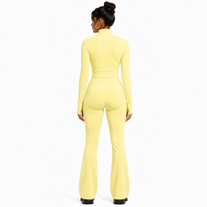 Conjunto de Yoga para Mujer con Logotipo Personalizado, Chaqueta Deportiva Amarillo Claro con Cierre Completo y Cuello Alto, Leggings Acampanados, Traje Deportivo de Dos Piezas - Product Image 2