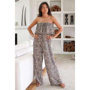 Combinaison à imprimé léopard sans bretelles pour femmes, coupe ample, tenue de plage décontractée pour l'été - Product Image 1