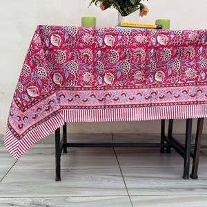 Indian Block Print Handmade 100% Cotton Dining <b>Tablecloth</b> White Pink Floral Design Custom Size Home Decor Farmhouse Style - Product Image 1